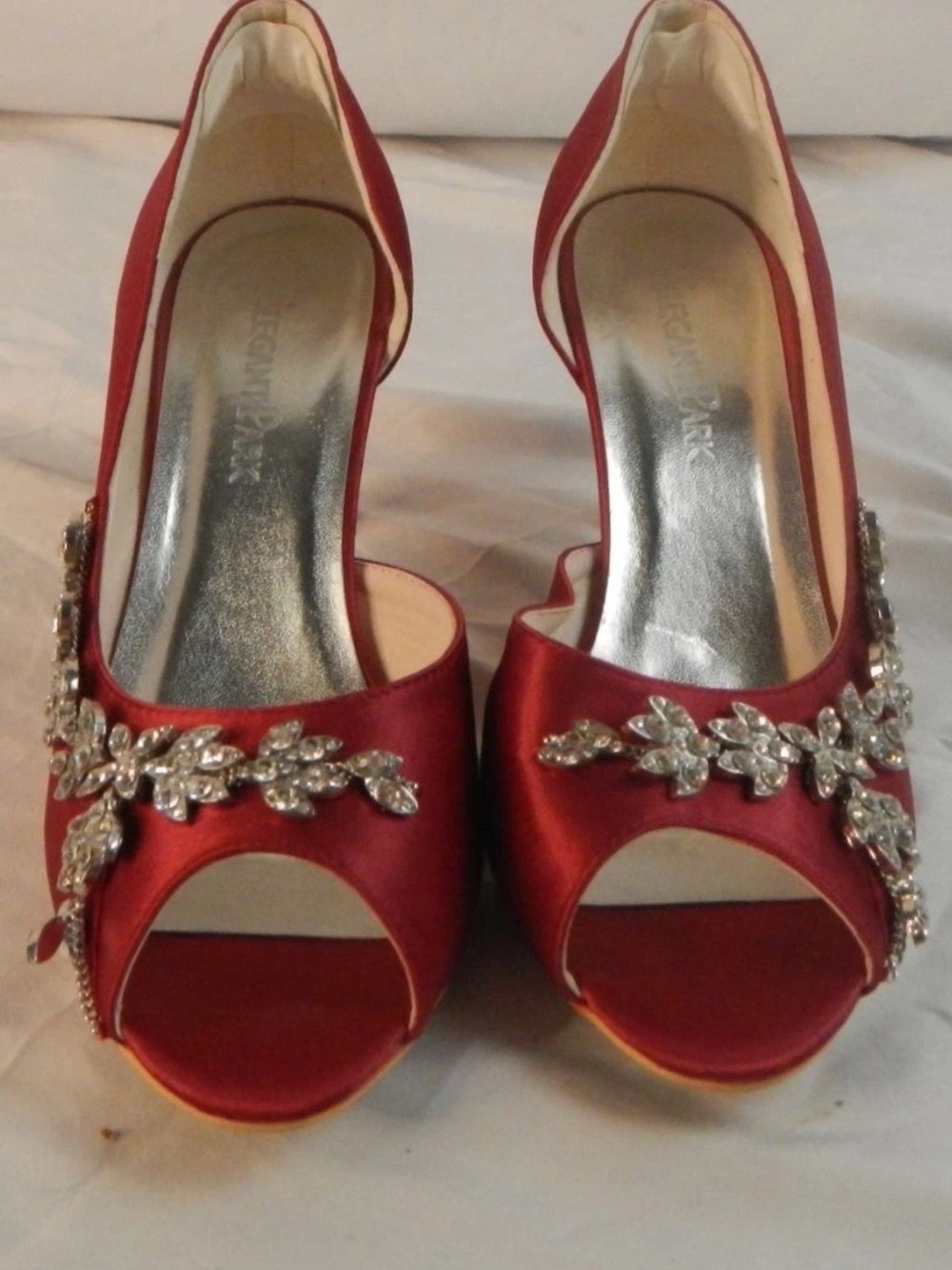 Elegant Park Red Satin Rhinestone Peep Toe Heels